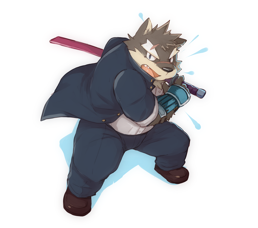1boy, animal_ear_fluff, animal_ears, blue_coat, blue_pants, brown_footwear, brown_fur, claws, coat, commentary, dog_boy, dog_ears, dog_nose, fangs, fat, furry, furry_male, gauntlets, holding, holding_sheath, holding_sword, holding_weapon, incoming_attack, looking_at_viewer, lower_(lowerkuo), male_focus, moritaka_(housamo), notched_ear, open_mouth, pants, plump, scar, scar_across_eyebrow, scar_on_cheek, scar_on_face, scar_on_nose, school_uniform, sheath, shirt, sword, tokyo_afterschool_summoners, weapon, white_background, white_shirt