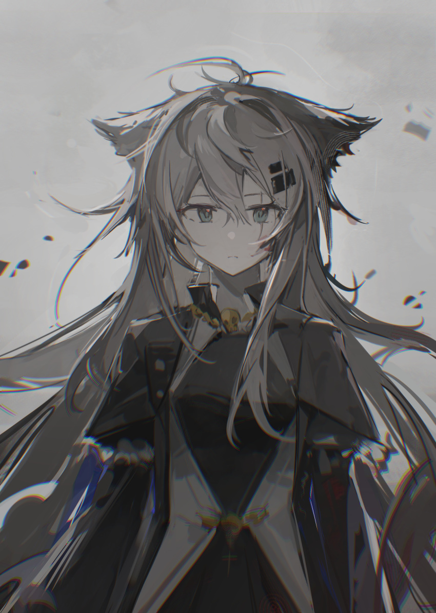 1girl, absurdres, ahoge, animal_ears, arknights, black_coat, blood, blood_in_hair