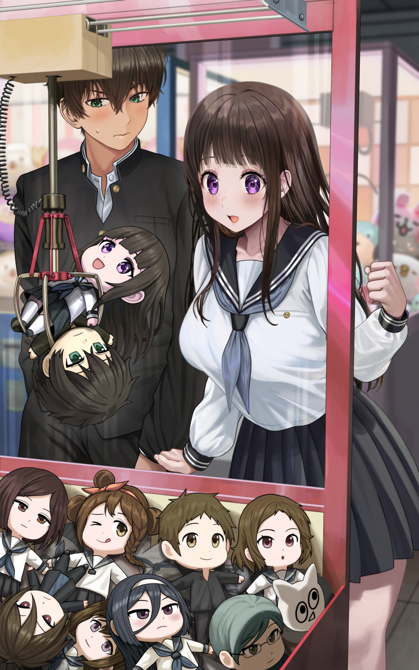 1boy, 1girl, absurdres, black_hair, black_sailor_collar, black_shirt, black_skirt, blush
