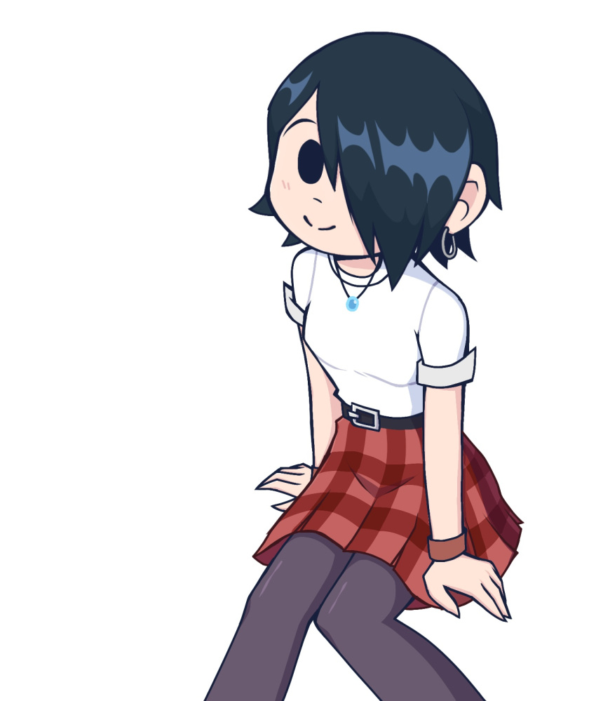 1girl, belt, black_eyes, black_hair, breasts, earrings, hair_over_one_eye, highres, jewelry, jotauno_xd, knives_chau, light_blush, looking_at_viewer, medium_breasts, necklace, pantyhose, plaid_clothes, plaid_skirt, red_skirt, scott_pilgrim_(series), scott_pilgrim_takes_off, shirt, short_hair, sitting, skirt, smile, solo, white_background, white_shirt