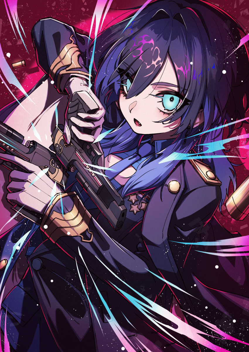 1girl, absurdres, blue_eyes, blue_hair, blue_jacket, blue_necktie, blue_pants, blue_shirt, collared_shirt, dual_wielding, gloves, gun, highres, holding, holding_gun, holding_weapon, hololive, hololive_english, jacket, medium_hair, necktie, official_alternate_costume, open_mouth, ouro_kronii, ouro_kronii_(4th_costume), pants, shirt, solo, teru_(asa_hi_t), virtual_youtuber, weapon, white_gloves