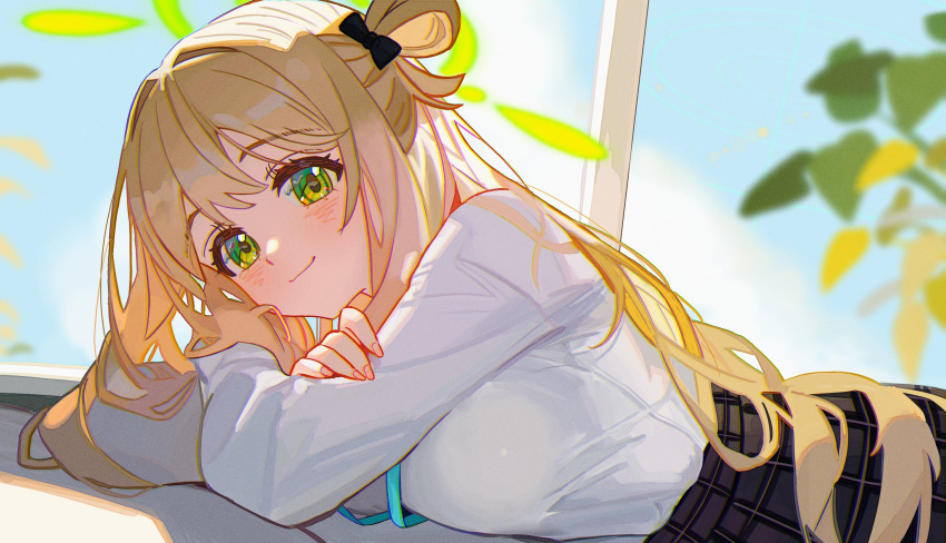 1girl, black_bow, black_skirt, blonde_hair, blue_archive, blush, bow, breasts