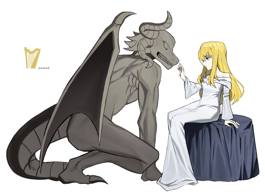 1boy, 1girl, absurdres, asdf1211950, bare_shoulders, beast_adam_(black_souls), beauty_la_belle_(black_souls), black_souls