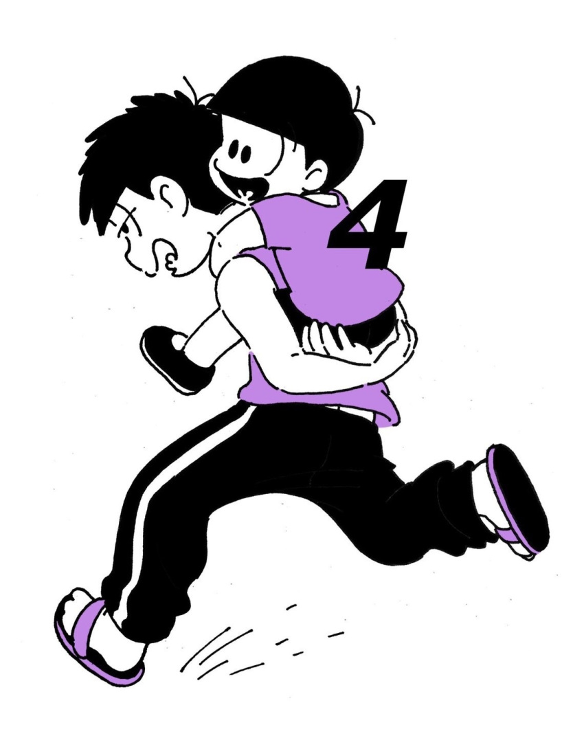 2boys, aged_down, carrying, child, child_carry, heart, heart_in_mouth, highres, male_focus, matsuno_ichimatsu, messy_hair, multiple_boys, osomatsu-kun, osomatsu-san, osomatsu_(series), pants, piggyback, purple_theme, running, sandals, shorts, smile, softowel, sweatpants, time_paradox