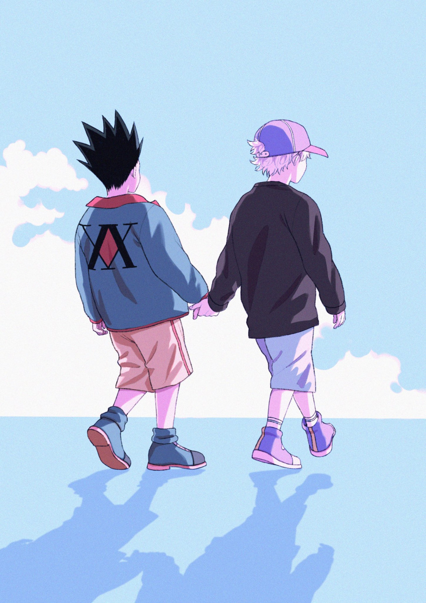 2boys, baggy_clothes, baseball_cap, black_hair, black_shirt, blue_hat, brown_shorts, clouds