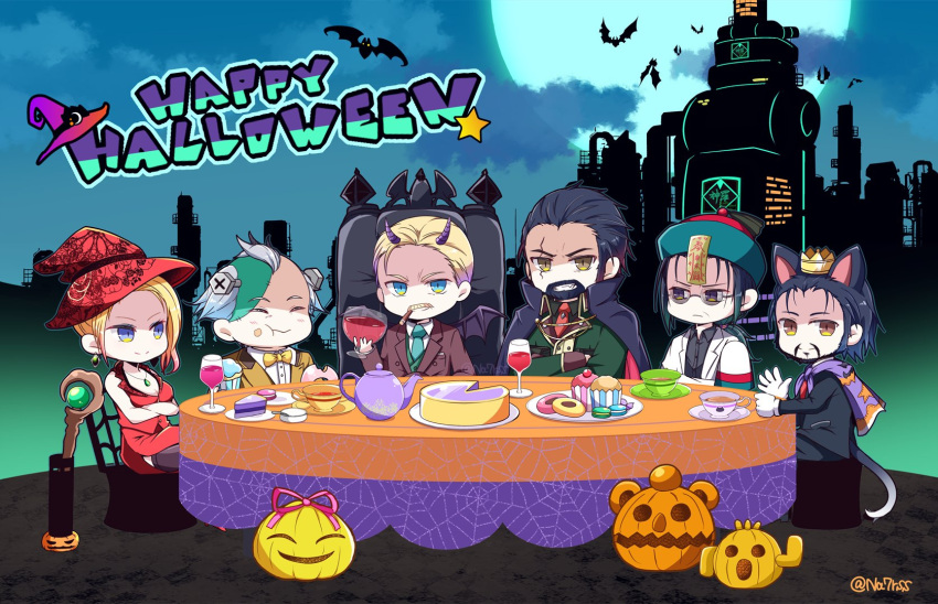 1girl, alcohol, animal_ears, bat_(animal), black_hair, cat_ears, cat_tail, chibi