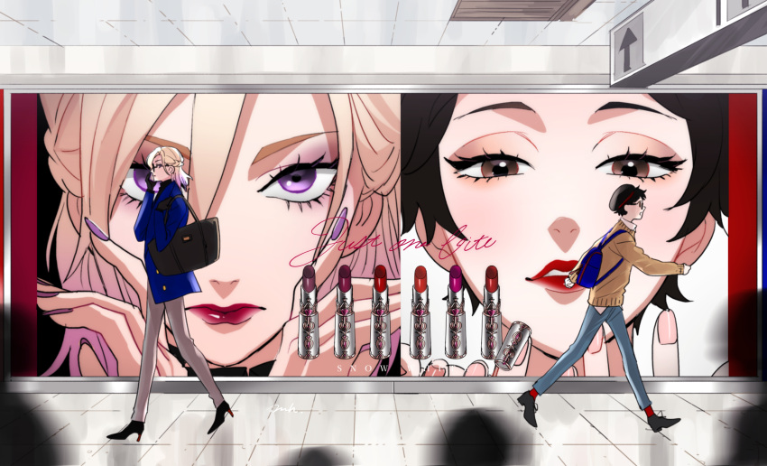 2boys, absurdres, androgynous, backpack, bag, beret, billboard, blonde_hair, blue_bag, copyright_name, eyelashes, glasses, hat, high_heels, highres, makeup, male_focus, multiple_boys, neige_leblanche, pink_nails, purple_nails, red_lips, sanpaku, tareme, tsurime, ttsstt_mihe, twisted_wonderland, vil_schoenheit, violet_eyes