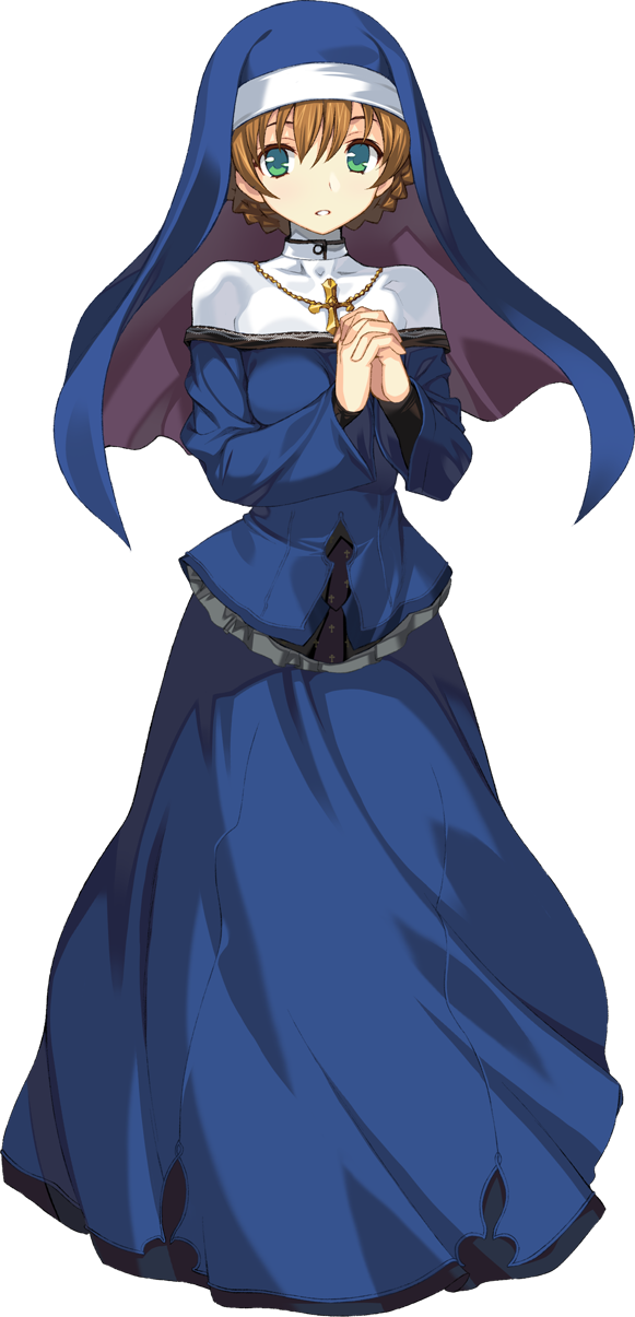 1girl, blue_dress, breasts, brown_hair, cross, cross_necklace, dress, full_body
