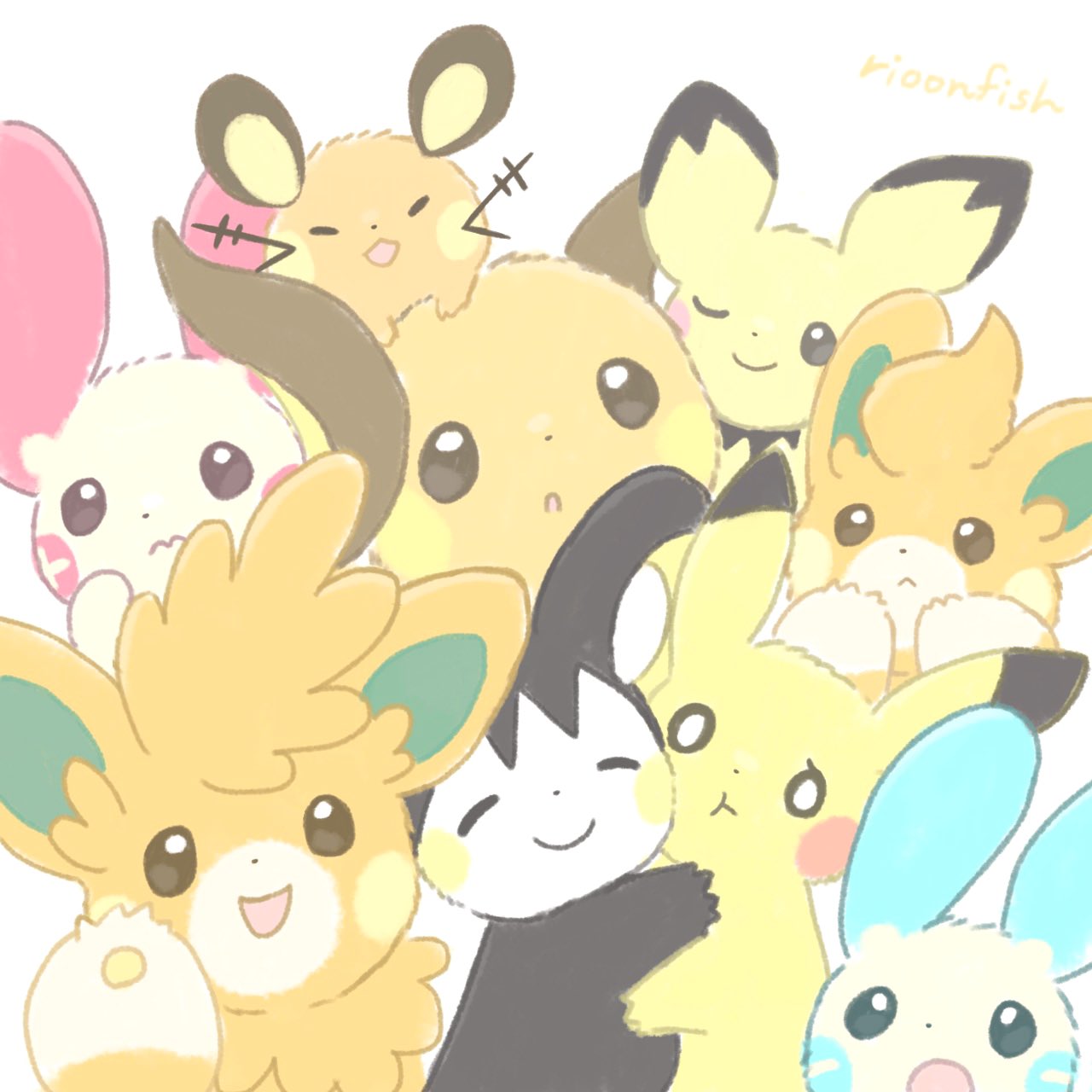 artist_name, bright_pupils, closed_mouth, dedenne, emolga, evolutionary_line, highres, hug