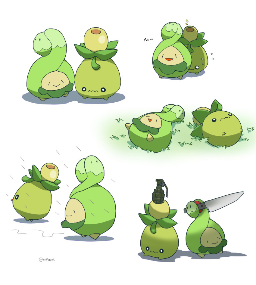 black_eyes, bright_pupils, budew, closed_mouth, explosive, goku_and_vegeta_in_the_rain_(meme), grass, grenade