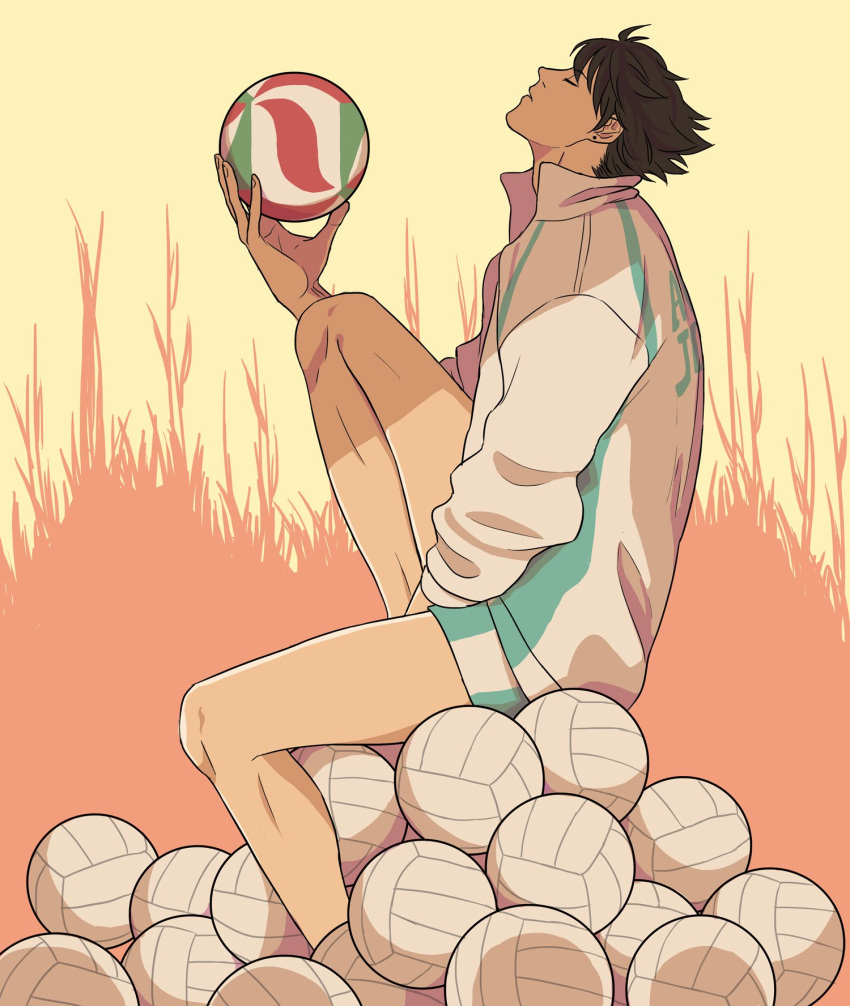 1boy, adam's_apple, aoba_johsai_volleyball_uniform, arm_between_legs, arm_up, ball, brown_hair, closed_eyes