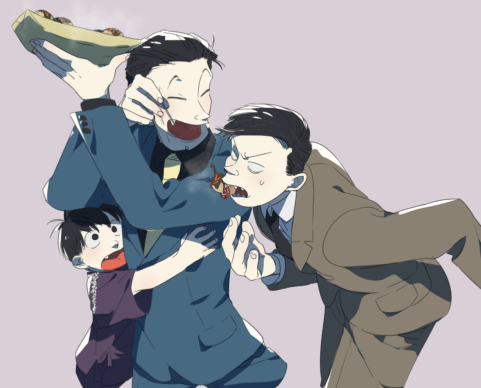 3boys, alternate_costume, black_hair, blank_eyes, blue_suit, brown_suit, fang, feeding, food, male_focus, matsuno_osomatsu, multiple_boys, ojima_(ojimadou), osomatsu-kun, osomatsu_(series), reach-around, sharp_teeth, smile, suit, sweatdrop, takoyaki, takoyaki_pan, teeth, tetsu_the_killer_(osomatsu-kun), tougou_(osomatsu-kun)