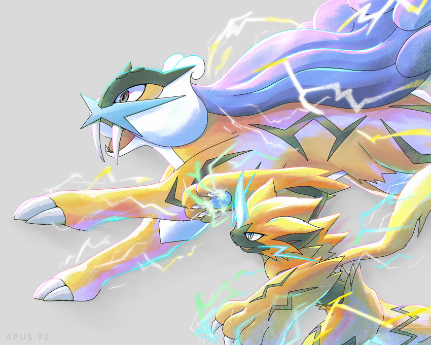 apus_92, claws, commentary_request, electricity, from_side, grey_background, grey_eyes, highres, open_mouth, pokemon, pokemon_(creature), raikou, simple_background, tongue, tusks, zeraora