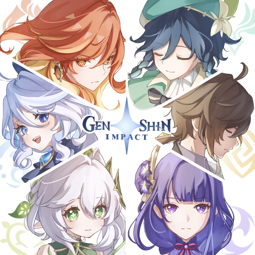 2boys, 4girls, ahoge, anemo_symbol_(genshin_impact), anniversary, aqua_hair, aqua_hat, ascot