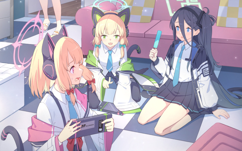 3girls, absurdres, animal_ear_headphones, animal_ears, aris_(blue_archive), black_hair, blonde_hair, blue_archive