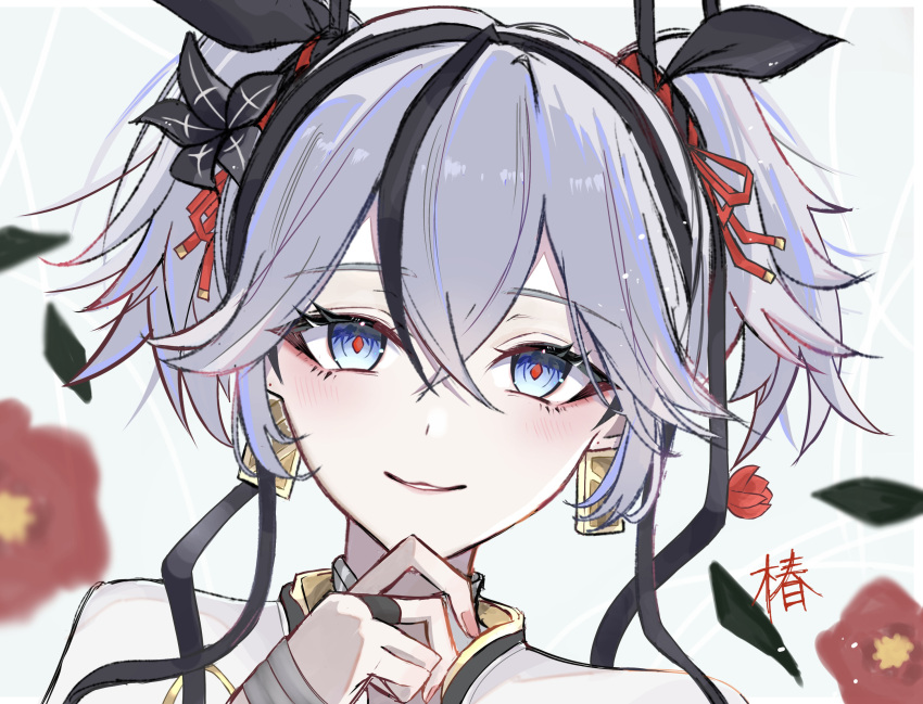 1girl, black_flower, black_ribbon, blake_bloom_(wuthering_waves), blue_eyes, camellya_(wuthering_waves), commentary_request, earrings, flower, gold_earrings, hair_between_eyes, hair_flower, hair_ornament, hair_ribbon, hair_vines, highres, jewelry, k_o_m_i, light_blush, looking_at_viewer, parted_lips, portrait, red_pupils, red_ribbon, revision, ribbon, short_hair, short_twintails, smile, solo, twintails, white_hair, wuthering_waves