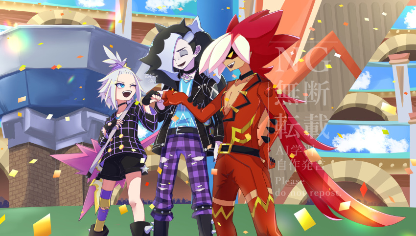 1girl, 2boys, :d, ;d, absurdres, black_jacket, black_shorts, blue_eyes