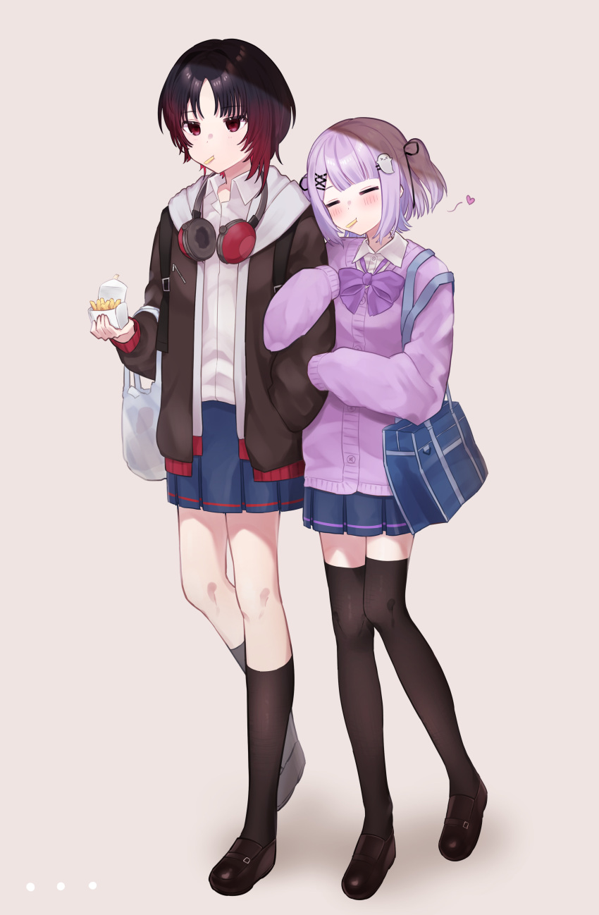 2girls, absurdres, alternate_costume, arm_hug, asatsuki933, backpack, bag, black_hair