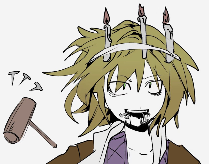 1girl, bags_under_eyes, black_blood, blonde_hair, blood, blood_from_mouth, brown_shirt, candle