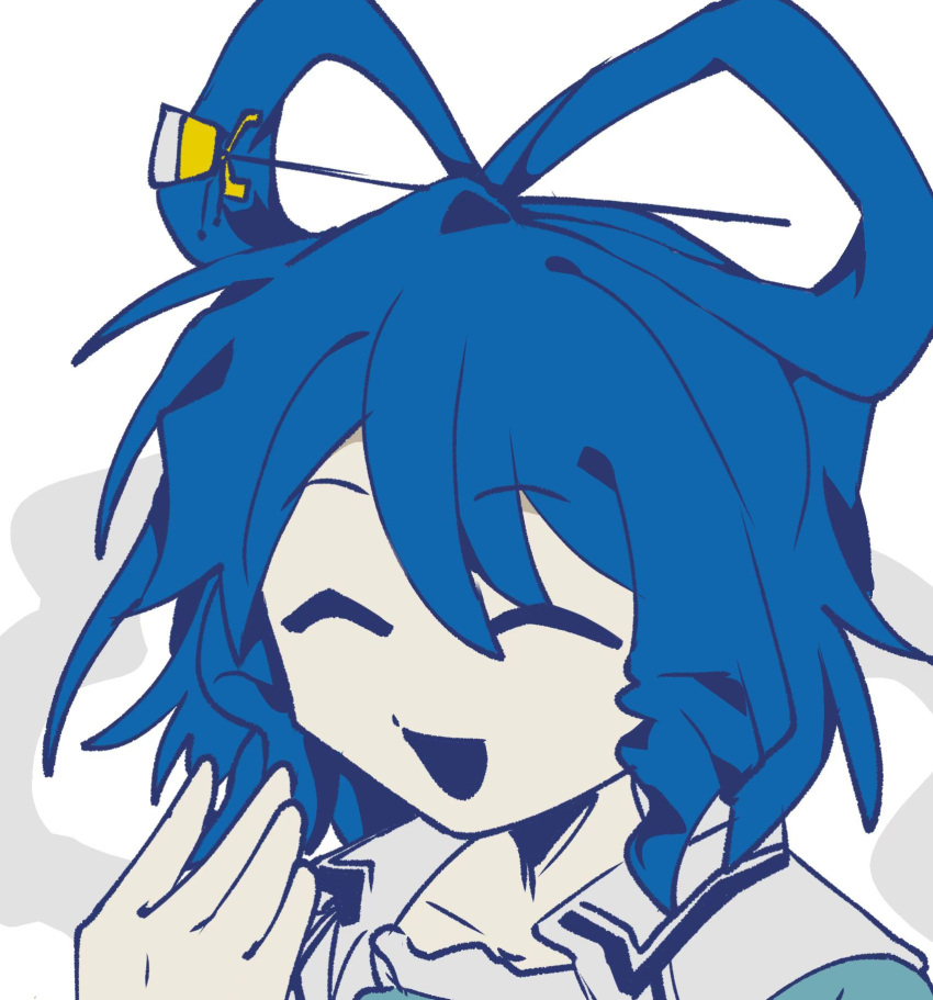 1girl, blue_hair, chinese_commentary, closed_eyes, collared_vest, commentary_request, drill_hair, drill_sidelocks, grey_background, grey_vest, hair_ornament, hair_rings, hair_stick, hand_up, highres, kaku_seiga, open_mouth, shiri_fusang, short_hair, sidelocks, simple_background, smile, solo, touhou, upper_body, vest