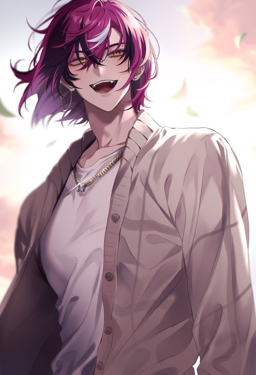 1boy, brown_cardigan, cardigan, clouds, collarbone, cowboy_shot, crew_neck, doppio_dropscythe