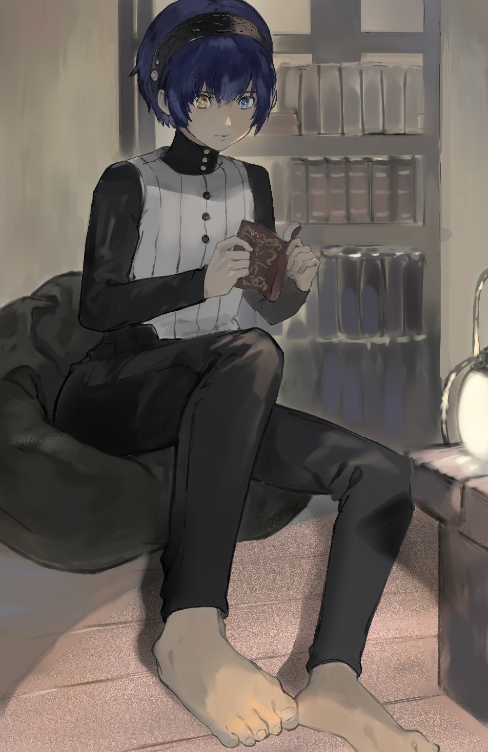 1boy, barefoot, bean_bag_chair, black_pants, black_shirt, blue_hair, book, bookshelf