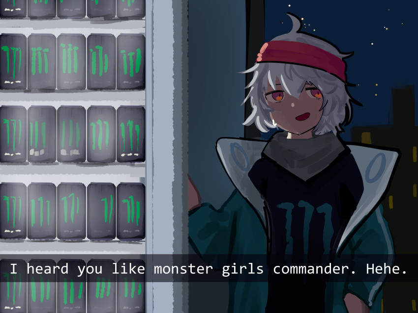 1girl, absurdres, ahoge, energy_drink, english_commentary, english_text, g11_(girls'_frontline), g11_(mod3)_(girls'_frontline), girls_frontline, green_jacket, grey_hair, highres, jacket, light_smile, long_sleeves, monster_energy, myticalcat, night, night_sky, open_clothes, open_jacket, open_mouth, outdoors, red_eyes, short_hair, sky, solo, star_(sky), upper_body