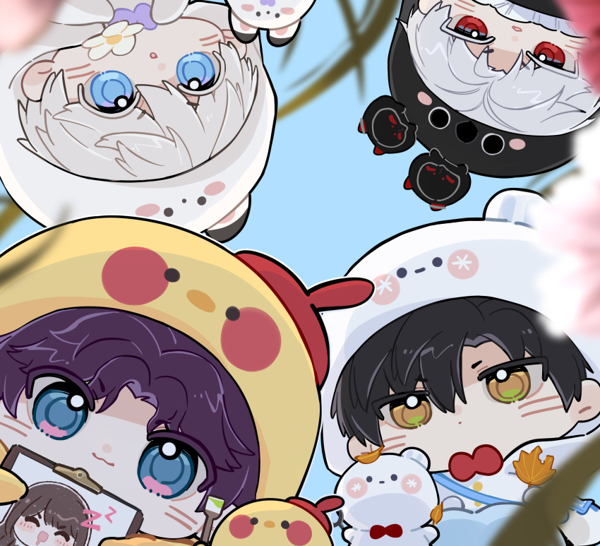 4boys, :3, absurdres, animal_costume, bag, beret, bird, bird_costume, black_hair, blue_eyes, blurry, blurry_background, blurry_foreground, blush, bow, bowtie, brown_eyes, chibi, chicken, chicken_costume, closed_mouth, colored_eyelashes, day, dot_mouth, drawing_(object), eyelashes, flower, food, hat, highres, holding, holding_brush, holding_flower, holding_leaf, hood, hood_up, ice_cream, kieran_(love_and_deepspace), leaf, looking_at_viewer, love_and_deepspace, luke_(love_and_deepspace), male_focus, maple_leaf, meiyouren2333, messenger_bag, multiple_boys, outdoors, paintbrush, parted_bangs, parted_lips, purple_hair, rabbit, rabbit_costume, rafayel_(love_and_deepspace), red_bow, red_bowtie, red_eyes, red_hat, short_hair, shoulder_bag, siblings, sylus_(love_and_deepspace), two-tone_eyes, upper_body, white_eyelashes, white_flower, white_hair, xavier_(love_and_deepspace), zayne_(love_and_deepspace)