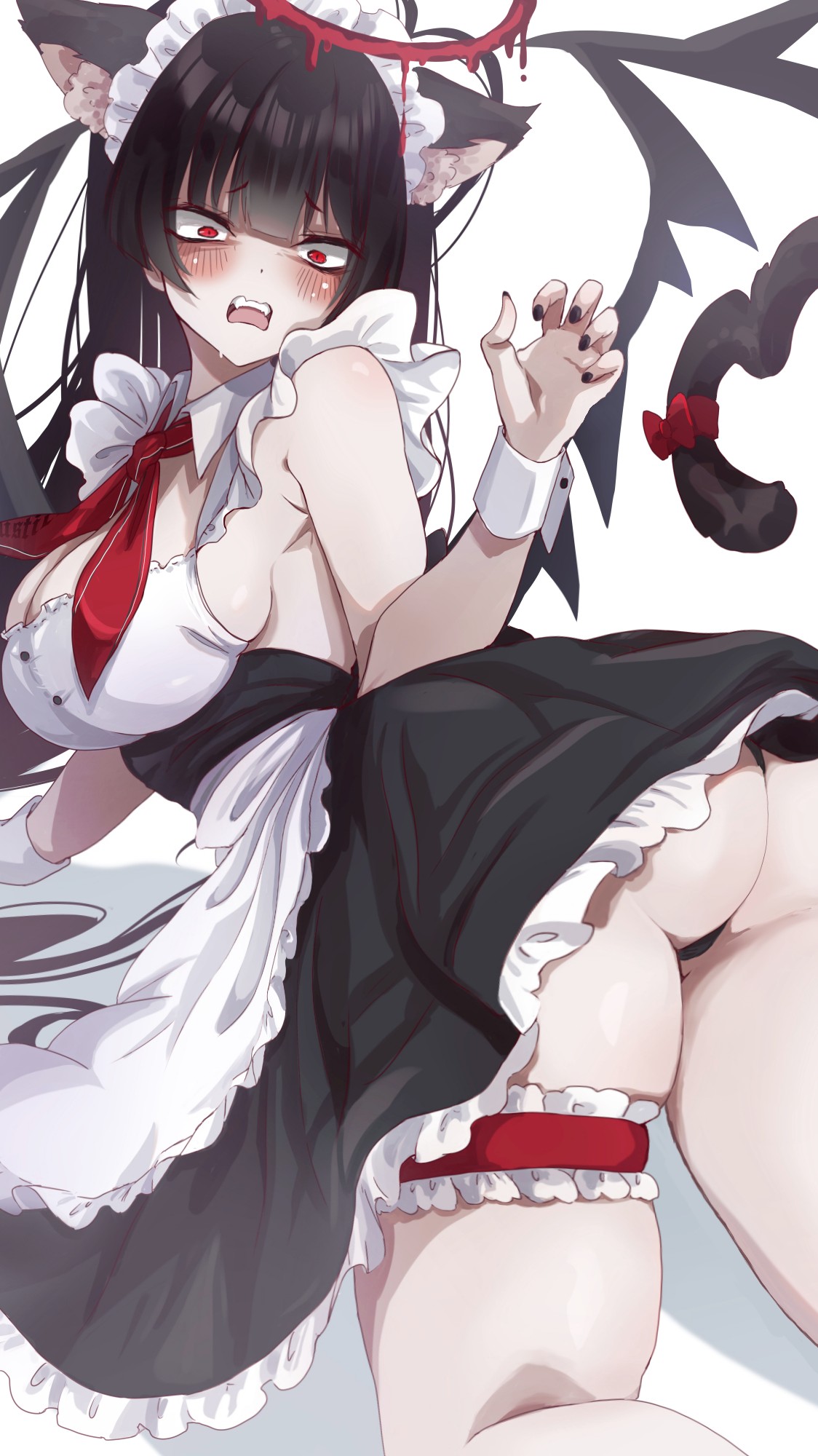 1girl, animal_ears, ass, black_hair, black_wings, blood, blood_halo, blue_archive, cat_ears, good_ass_day, halo, highres, justice_task_force_(blue_archive), komena_(shinyday312), liquid_halo, maid_headdress, melting_halo, open_mouth, red_eyes, red_halo, solo, tsurugi_(blue_archive), wings
