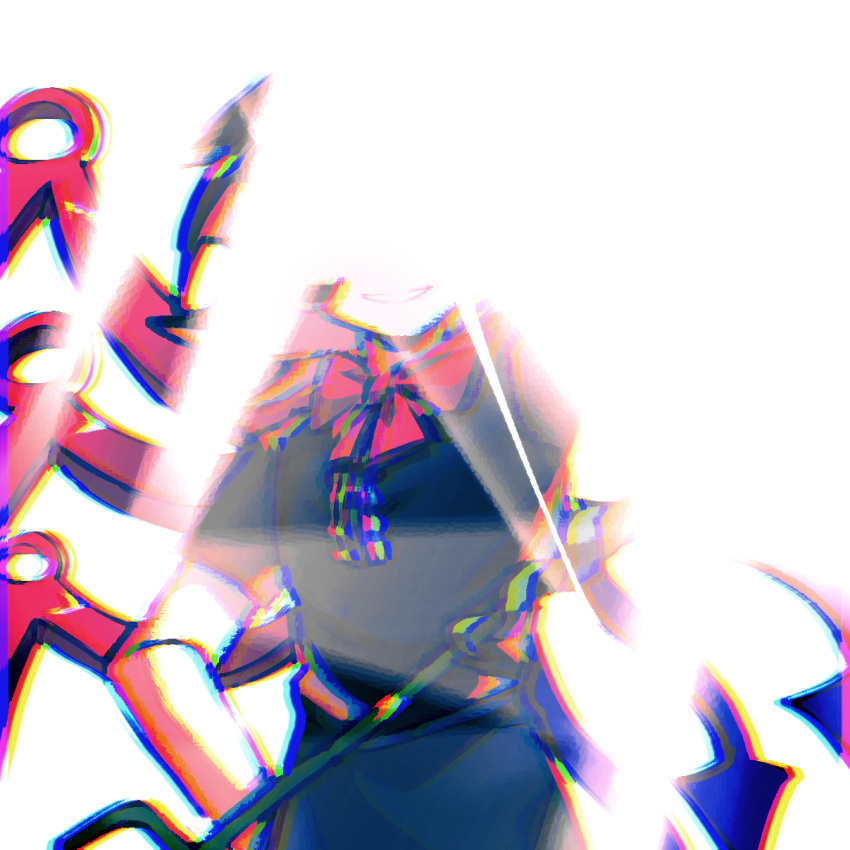 1girl, asymmetrical_wings, black_dress, blue_wings, bow, bowtie, chinese_commentary, chromatic_aberration