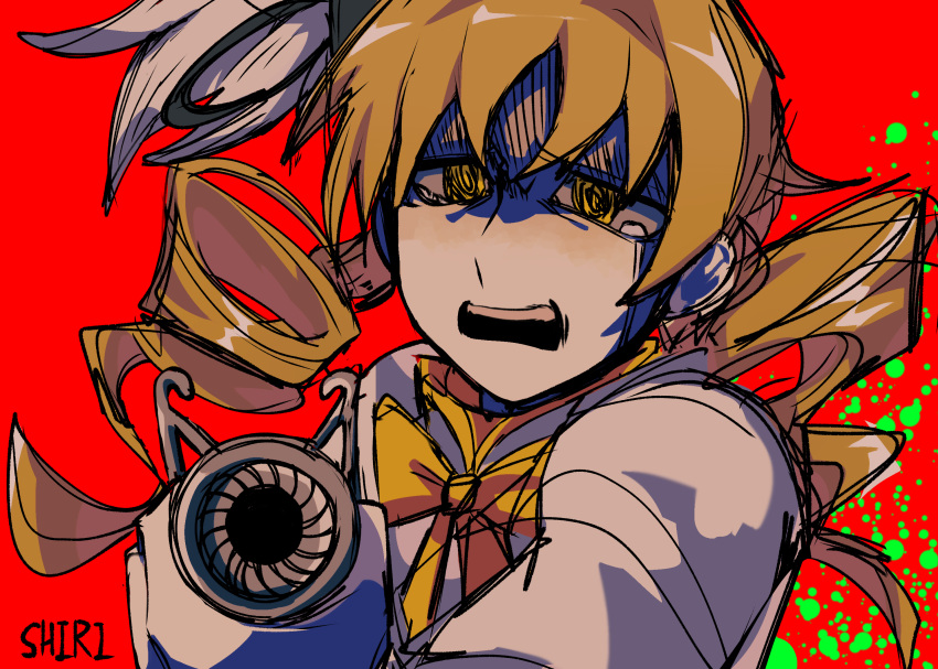 1girl, @_@, aiming, aiming_at_viewer, blonde_hair, bow, bowtie, chinese_commentary, commentary_request, drill_hair, gloves, highres, long_hair, long_sleeves, looking_at_viewer, magical_girl, mahou_shoujo_madoka_magica, mahou_shoujo_madoka_magica_(anime), open_mouth, red_background, shaded_face, shiri_fusang, shirt, solo, tearing_up, tomoe_mami, tomoe_mami_(magical_girl), twin_drills, upper_body, white_gloves, white_shirt, yellow_bow, yellow_bowtie