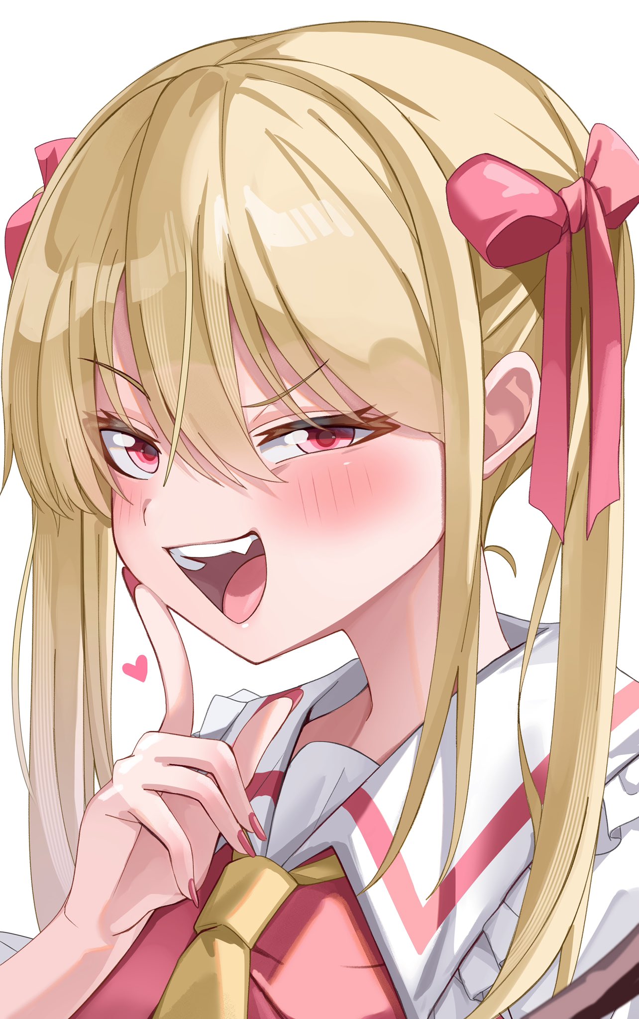 1girl, :d, alternate_hairstyle, ascot, blonde_hair, blush, bow, close-up