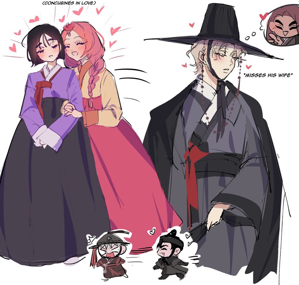349am, 3boys, 3girls, alien_stage, alternate_costume, beonggeoji, black_coat, black_hair, black_hanbok, black_skirt, blonde_hair, braid, chasing, chibi, closed_eyes, coat, commentary, dark-skinned_female, dark_skin, english_commentary, english_text, gat_(hat), hanbok, hat, heart, hetero, holding_another's_arm, hyuna_(alien_stage), ivan_(alien_stage), jacket, korean_clothes, long_hair, long_sleeves, luka_(alien_stage), mizi_(alien_stage), multiple_boys, multiple_girls, open_mouth, pink_hair, pink_skirt, purple_jacket, short_hair, simple_background, skirt, sua_(alien_stage), thought_bubble, till_(alien_stage), twin_braids, v, very_short_hair, white_background, yaoi, yellow_jacket, yuri