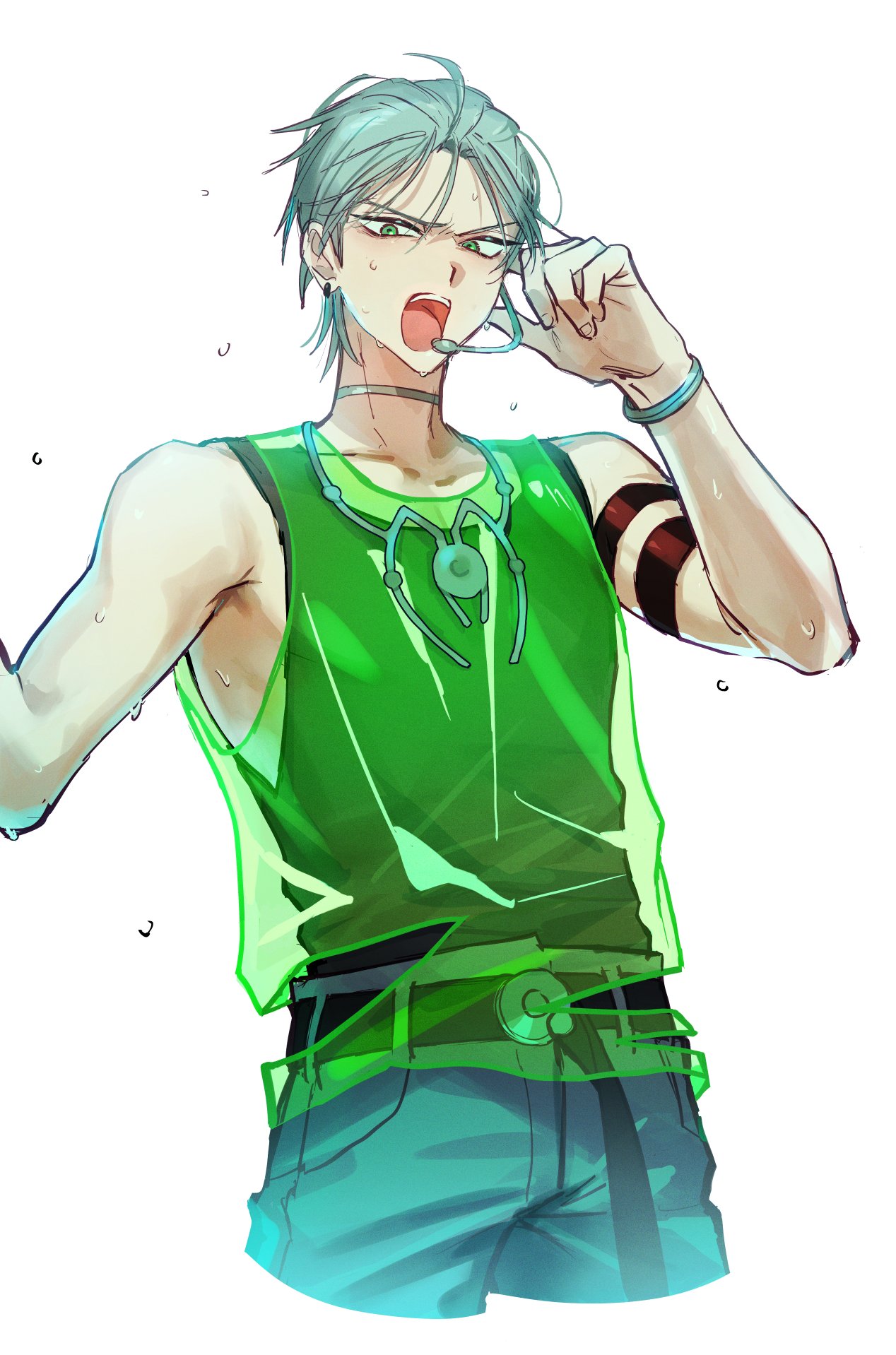 1boy, alien_stage, armband, black_tank_top, bracelet, commentary_request, cropped_legs, green_eyes