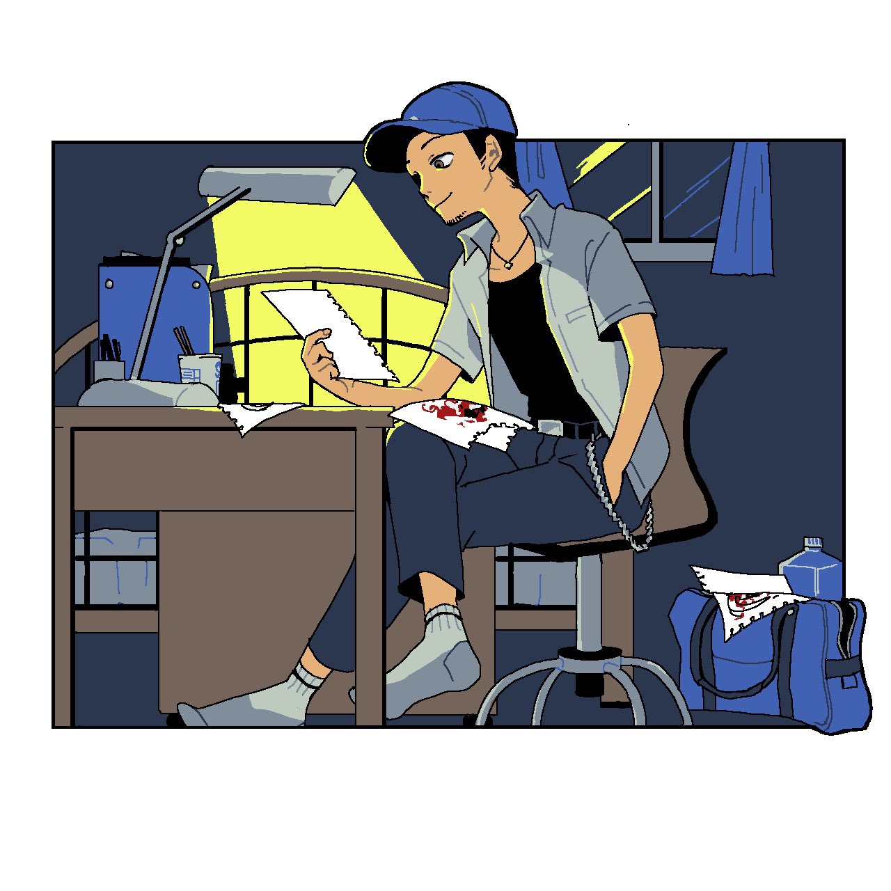 1boy, bag, baseball_cap, bed, belt, belt_buckle, black_belt, black_hair