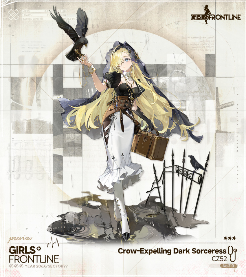 1girl, asymmetrical_footwear, belt_pouch, bird, black_corset, black_gloves, black_sleeves, black_veil