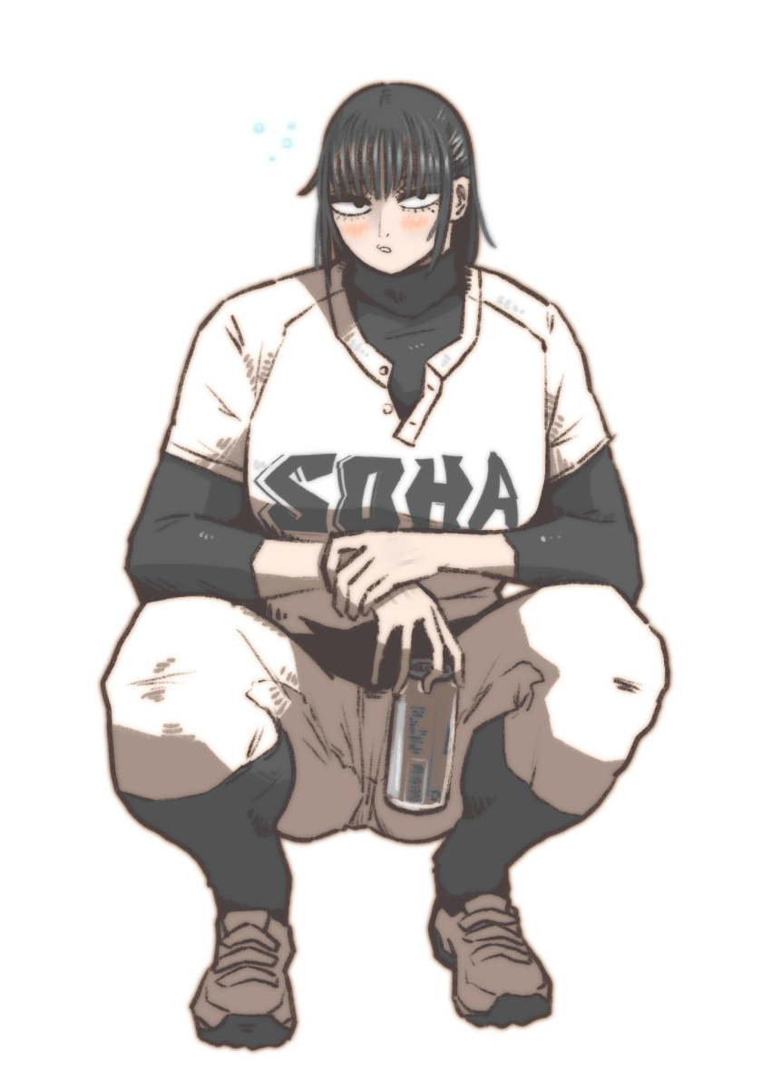 1girl, agawa_sensei_(strikeout_pitch), baseball_jersey, baseball_uniform, beer_can, black_eyes, black_hair, black_undershirt