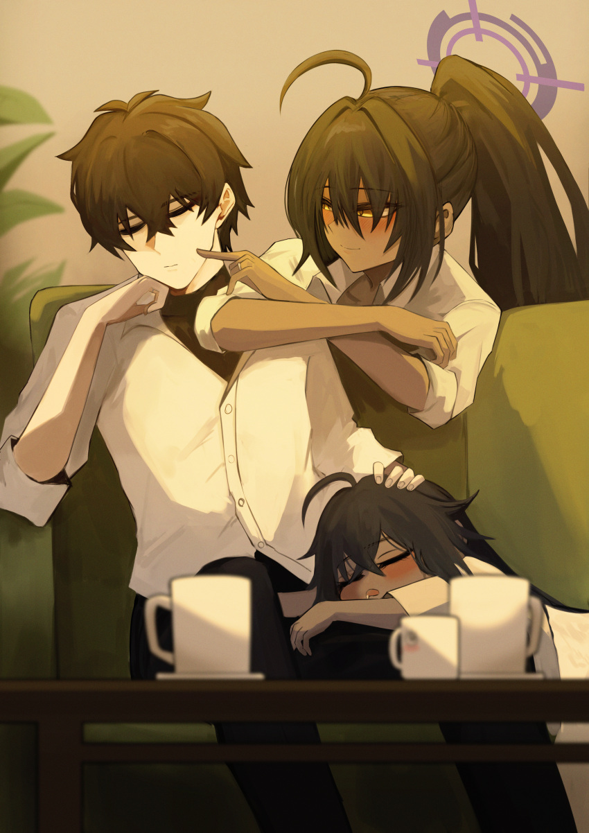 1boy, 2girls, absurdres, ahoge, alternate_costume, black_hair, black_undershirt, blue_archive