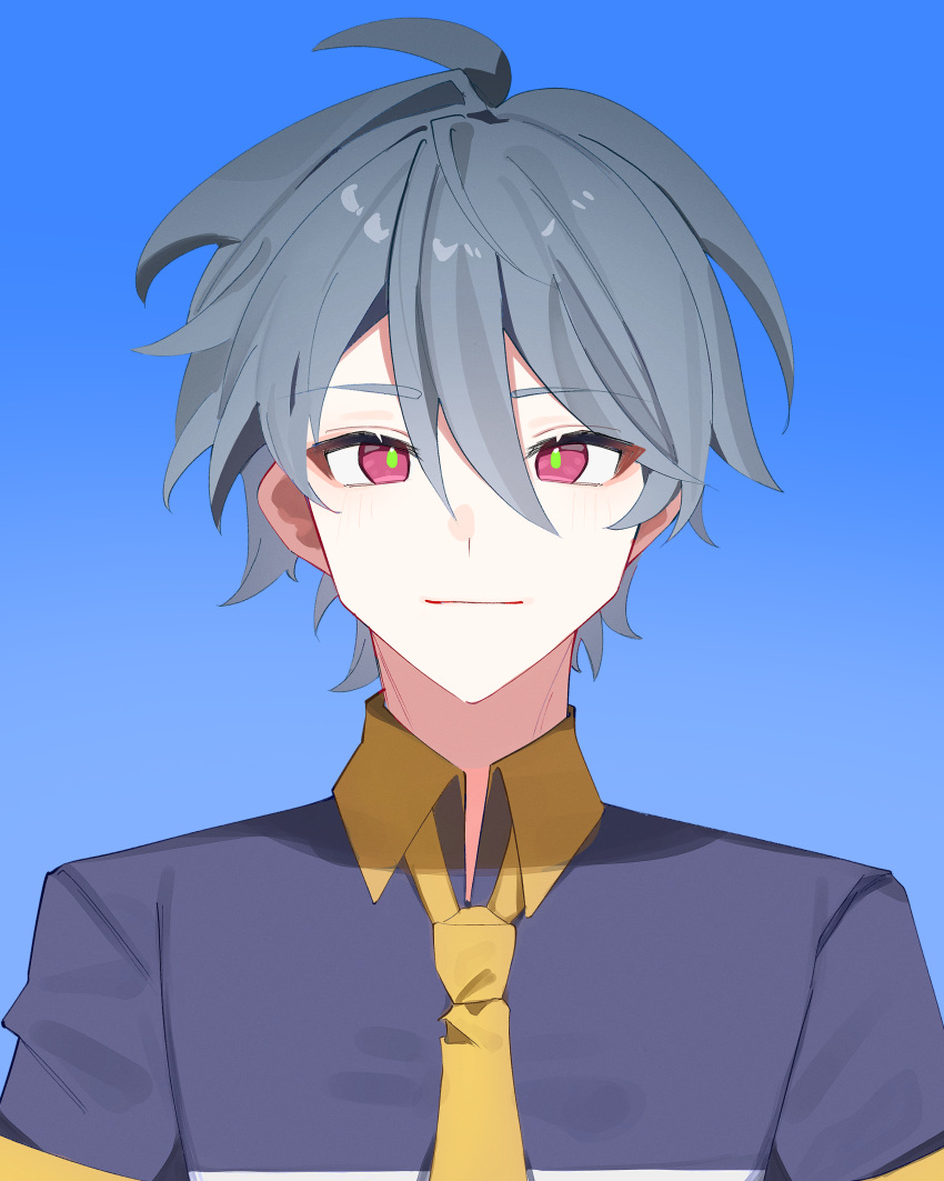 1boy, absurdres, black_shirt, blue_background, closed_mouth, collared_shirt, commentary_request, green_pupils