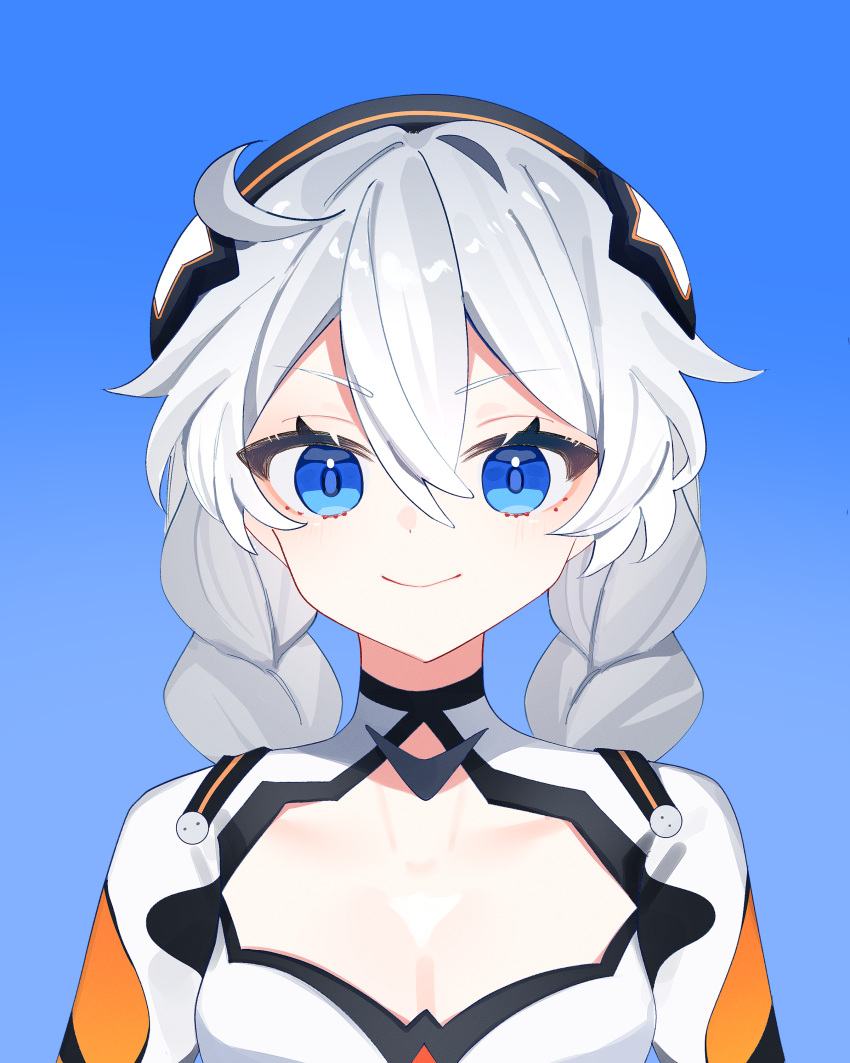 1girl, absurdres, black_hairband, blue_background, blue_eyes, bodysuit, braid, cleavage_cutout