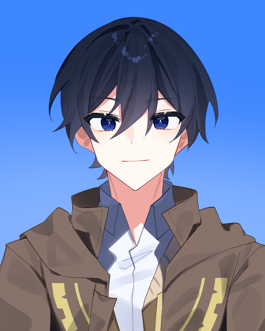 1boy, absurdres, black_hair, blue_background, blue_eyes, brown_jacket, closed_mouth, collared_shirt