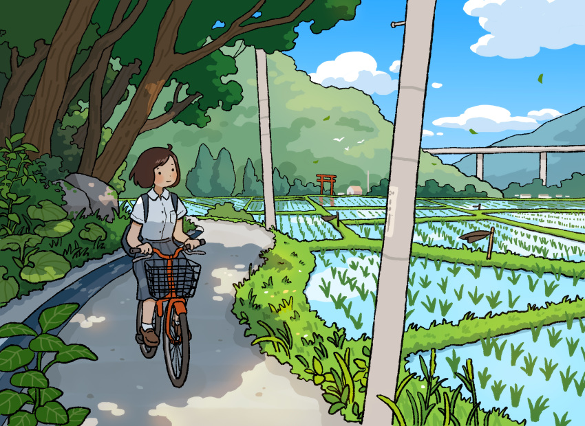1girl, absurdres, bag, bicycle, bicycle_basket, blue_skirt, blue_sky, brown_footwear, collared_shirt, day, grass, highres, hill, leaf, marunoki, mountainous_horizon, nature, original, outdoors, path, pleated_skirt, rice_paddy, riding, riding_bicycle, rural, scenery, shade, shirt, short_hair, short_sleeves, skirt, sky, socks, torii, tree, utility_pole, white_shirt
