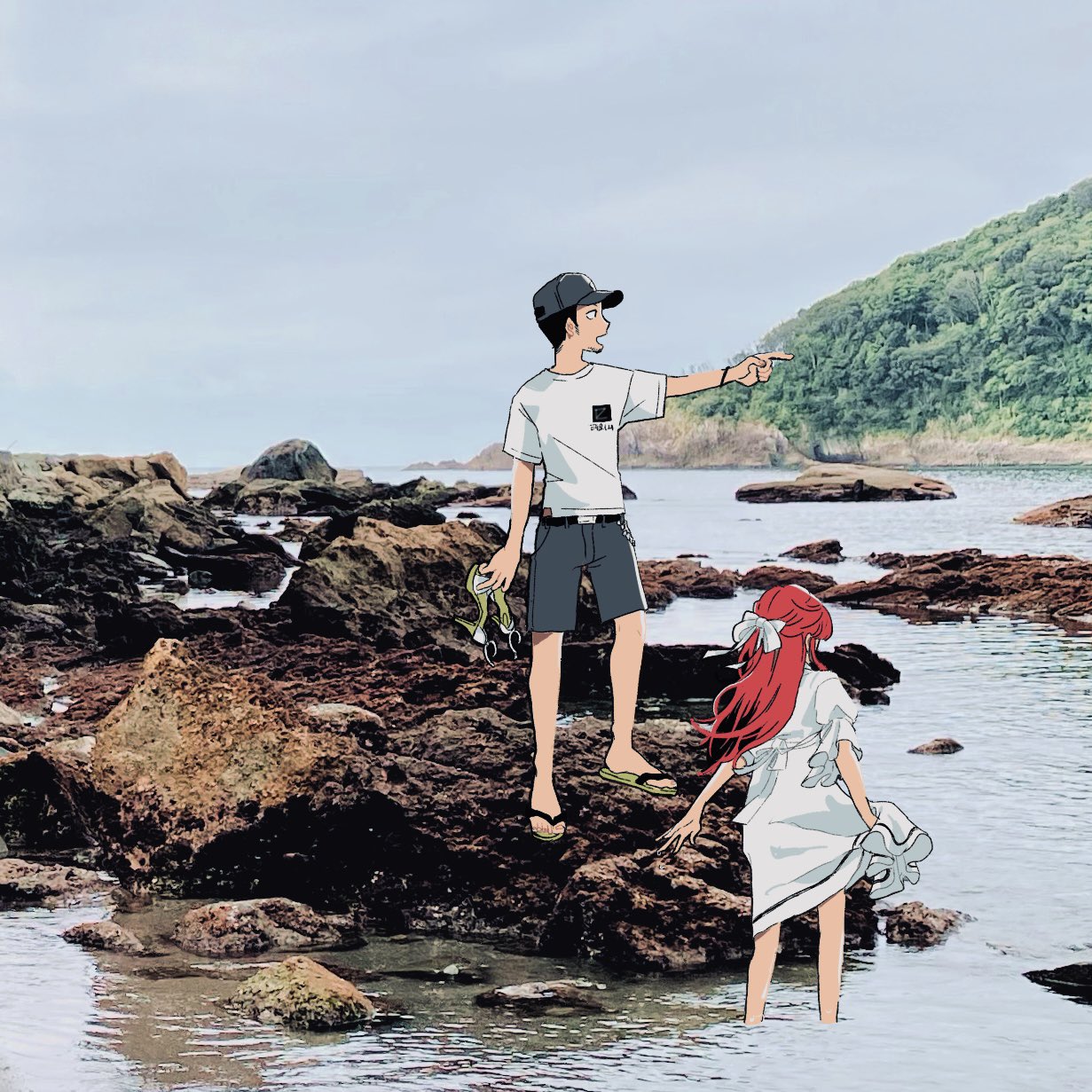 1boy, 1girl, baseball_cap, belt, belt_buckle, black_belt, black_hair, blue_shorts, bow, bracelet, buckle, city_sanzu, commentary_request, crew_neck, dress, facial_hair, goatee, hair_bow, hat, highres, holding, holding_unworn_clothes, iori_junpei, jewelry, long_hair, open_mouth, outstretched_arm, persona, persona_3, photo_background, pointing, print_shirt, redhead, sandals, shirt, short_hair, shorts, sideburns, t-shirt, unworn_footwear, very_short_hair, white_bow, white_dress, white_shirt, yoshino_chidori