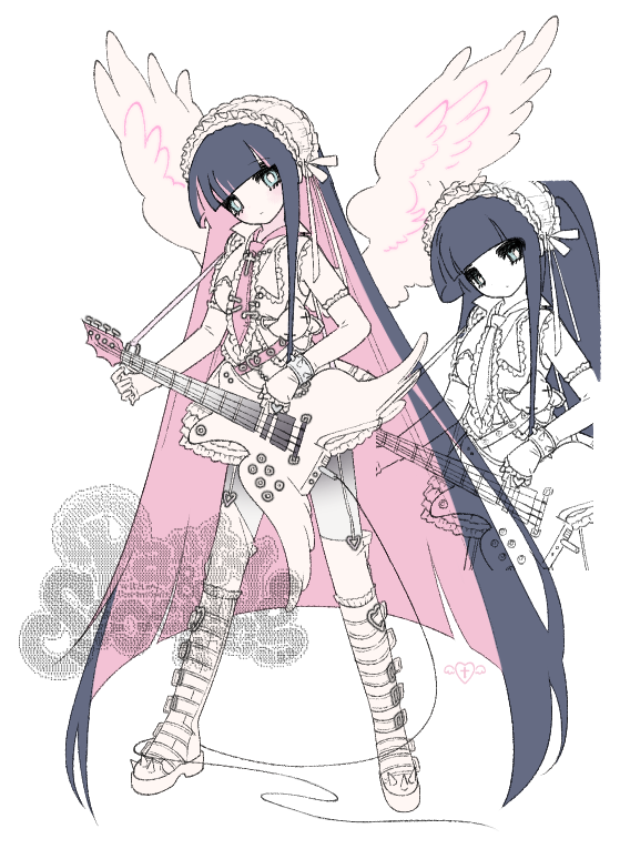 1girl, aqua_eyes, blue_hair, boots, closed_mouth, colored_inner_hair, electric_guitar, frilled_footwear