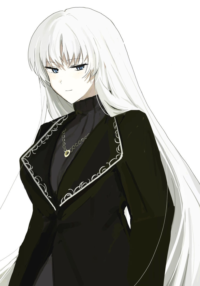 1girl, angelica_(project_moon), black_jacket, black_sweater, blue_eyes, closed_mouth, highres, jacket