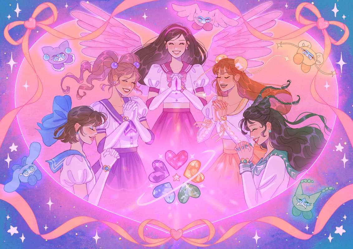 5girls, blue_bow, blue_sailor_collar, bow, brown_hair, bun_cover, closed_eyes, commentary, crop_top, earrings, floating_hair, gloves, green_sailor_collar, hair_bow, hair_tie, heart, irene_(red_velvet), jewelry, joy_(red_velvet), k-pop, long_hair, mimimar, multiple_girls, orange_hair, orange_sailor_collar, pink_sailor_collar, pink_theme, profile, puffy_sleeves, purple_sailor_collar, real_life, red_velvet_(group), sailor_collar, seulgi_(red_velvet), short_hair, smile, sparkle, twintails, wendy_(red_velvet), white_gloves, wings, yeri_(red_velvet)