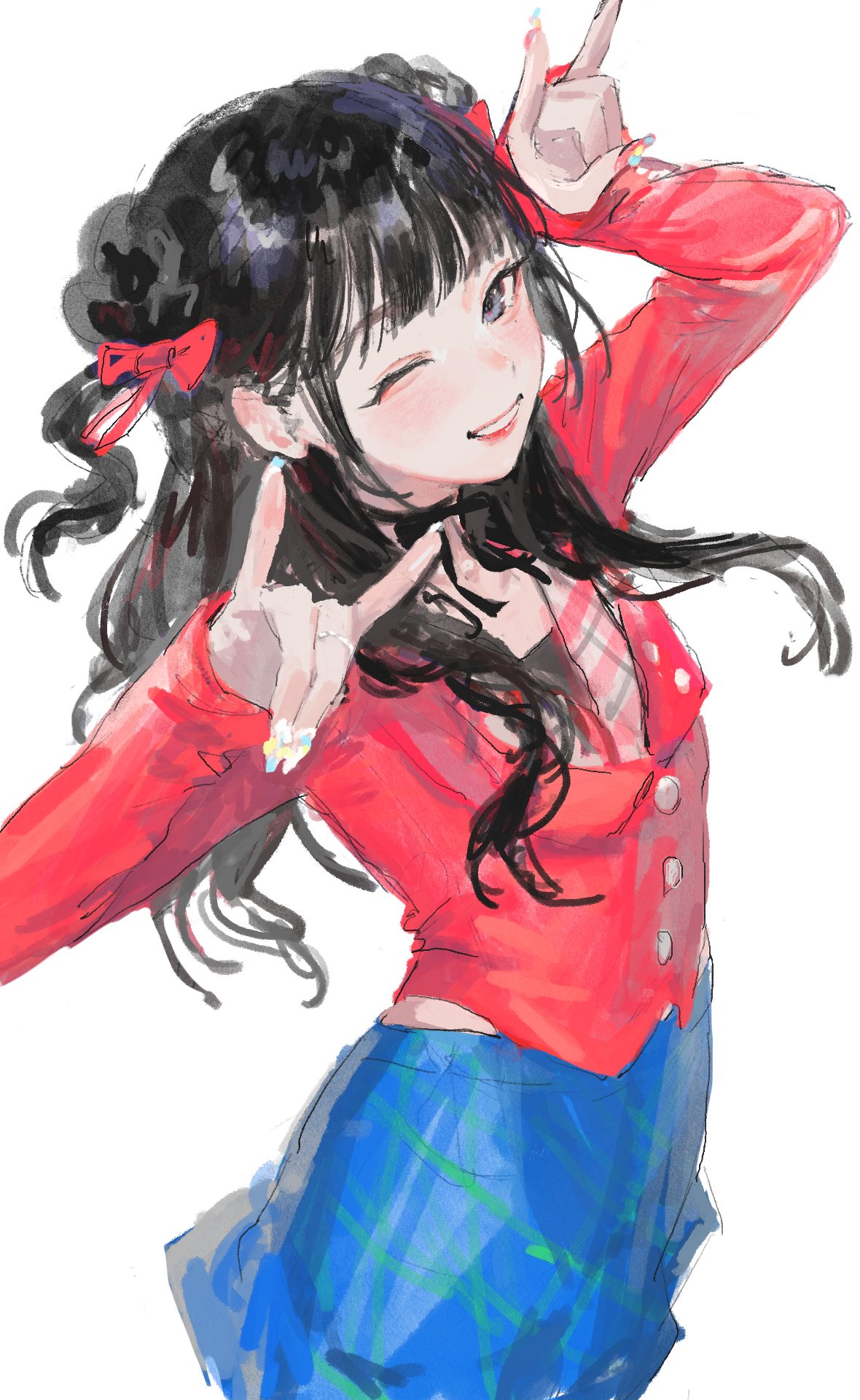 1girl, \n/, black_eyes, black_hair, blue_skirt, blunt_bangs, bow, choi_ye-na, commentary, cowboy_shot, hair_bow, hands_up, highres, jacket, k-pop, long_hair, long_sleeves, looking_at_viewer, matsumomo_(mamama_tomo), one_eye_closed, real_life, red_bow, red_jacket, simple_background, skirt, sleeves_past_wrists, smile, solo, two_side_up, white_background