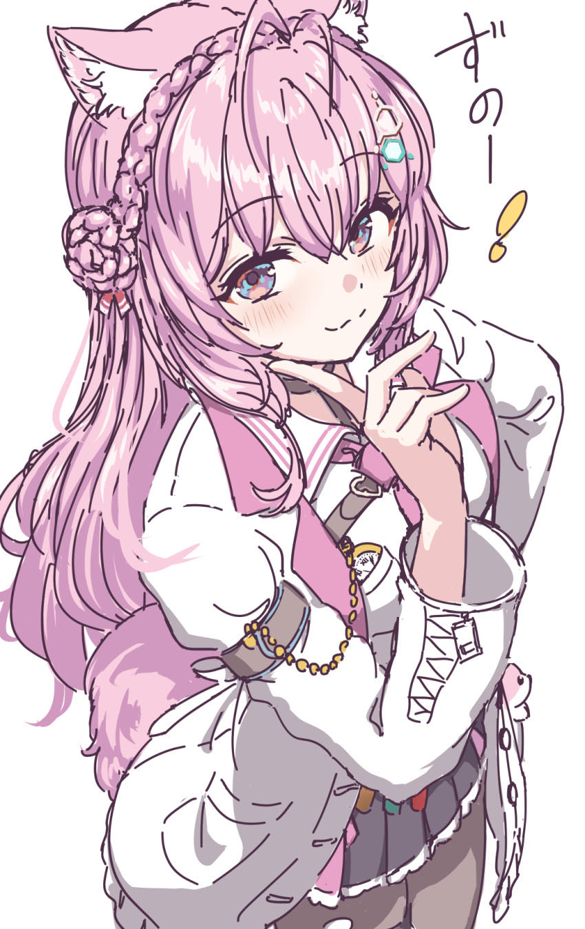!, 1girl, :3, animal_ear_fluff, animal_ears, antenna_hair, arm_belt, black_skirt