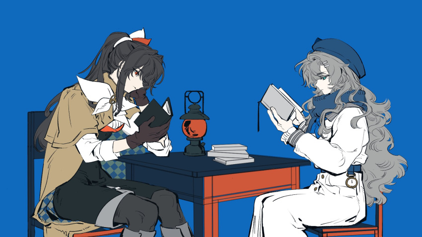 2girls, beret, black_gloves, black_hair, black_thighhighs, blue_background, blue_eyes, blue_hat
