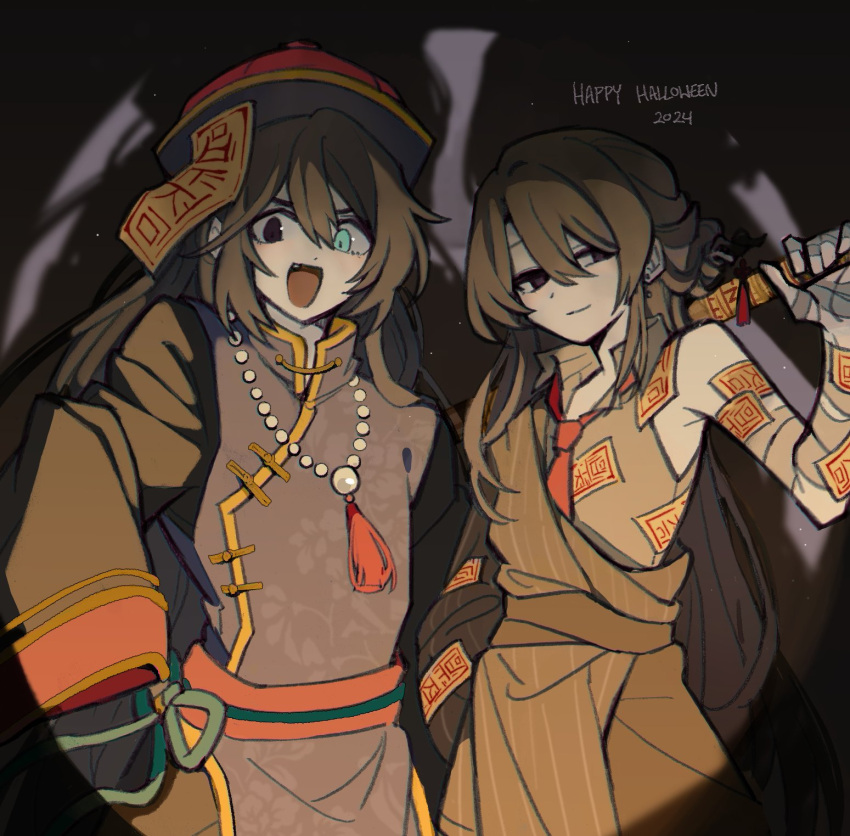 1boy, 1girl, aqua_eyes, bead_necklace, beads, black_eyes, black_hair, black_hat
